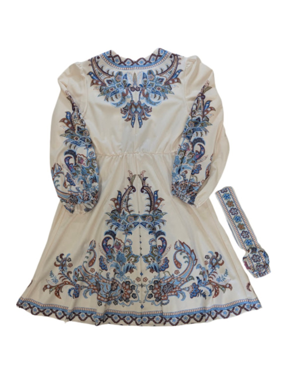 Paisley Belted Fit & Flare Dress Blue Ivory Boho Long Sleeve Size M - Picture 7 of 12